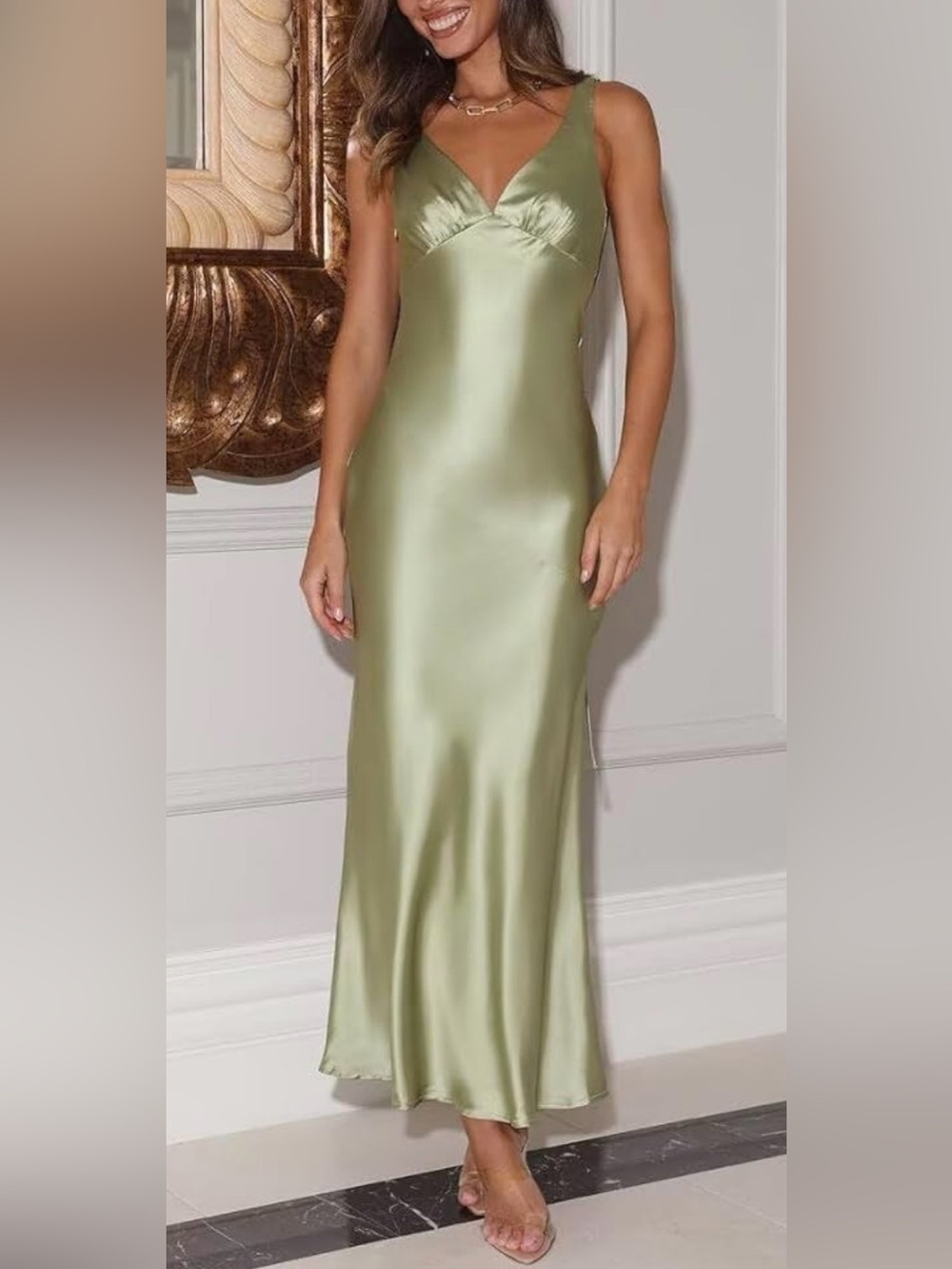 Amazon Satin Slip Maxi Dress in Sage Green